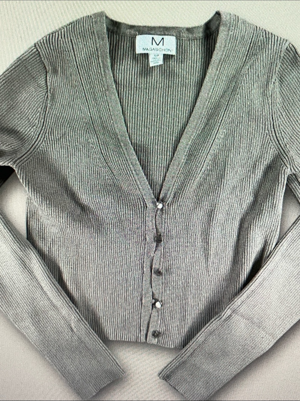 Magaschoni Taupe Ribbed V-Neck Button-Front Cardigan